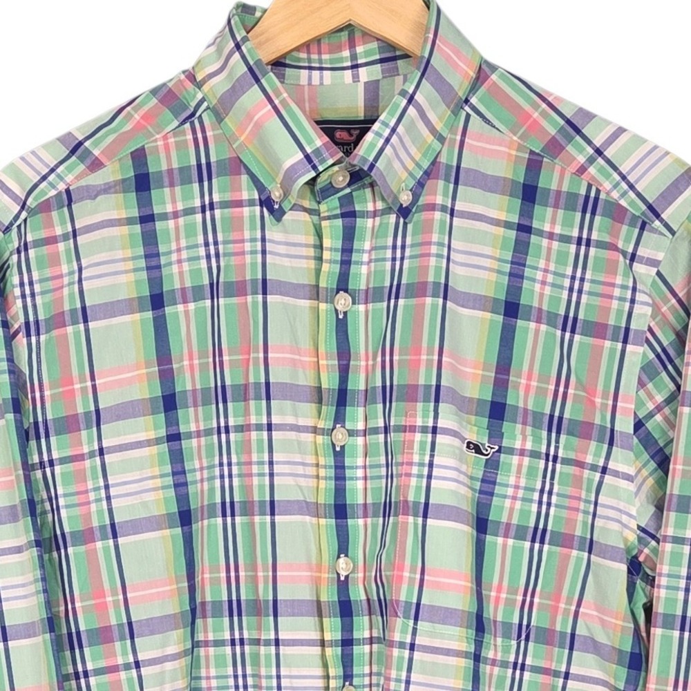 Vineyard Vines Tucker Shirt Mens‎ Medium Green White Blue Plaid Slim Fit Cotton